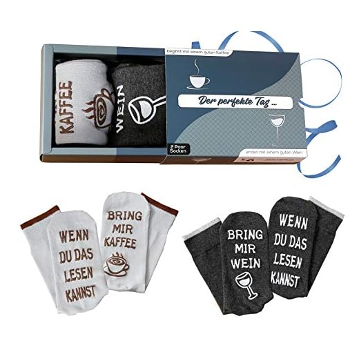 Wein-Socken + Kaffee-Socken Doppelpack Geburtstagsgeschenk für Männer und Frauen, WENN DU DAS LESEN KANNST, BRING MIR WEIN, Grau, 36-43
