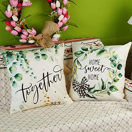 Onway Spring Farmhouse Pillow Covers 18X18 Set Of 4 Buffalo Plaid Floral Truck Pillowcases Home Sweet Home Bloom Flower Home Decor Eucalyptus Leaves Cushion Cases For Couch Sofa Patio Balcony #TOP2