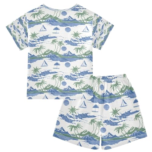 senya Palm Tree Sailboat Mountain Wave Summer Pajamas Set Short Cotton Sleepwear 2 Piece2