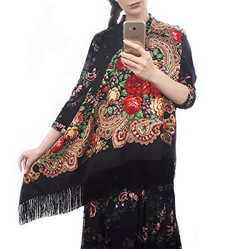 Gudessly Women's Traditional Scarf Wrap Tassel Shawl Fringes Neck Head Shawl Retro Scarf Floral Poncho4