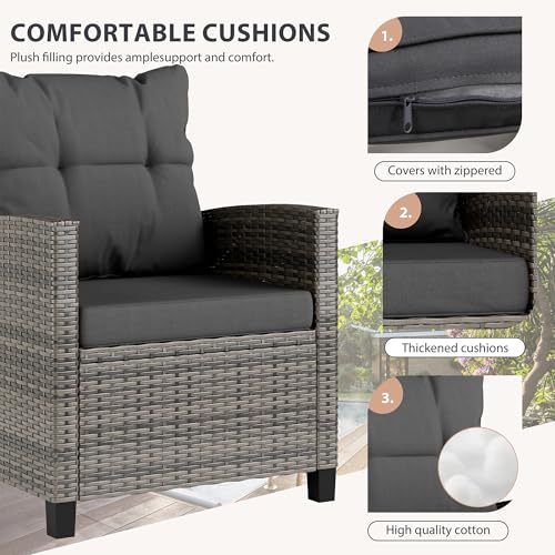 Vongrasig 3 Piece Patio Furniture Set Small Outdoor Wicker Rattan Front Porch Bistro Set Cushioned Patio Chairs Conversation Set with Glass Table for Lawn, Garden, Backyard, Balcony - Image 5