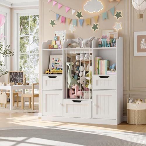 Vabches Kids Toy Storage Organizer with Stuffed Animal Storage Kids Bookshelf with 3 Drawers and 2 Cabinets for Kids Room Playroom Nursery (White)