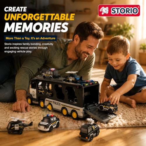 Image of Storio 5 in 1 Police Truck Toy for Kids 3-5 Years Boys | Transport Carrier Truck Set with Police Cars Helicopter Bus | Friction Powered Light Sound Toys for Toddlers 3 4 5 6 7 Years Old Gift