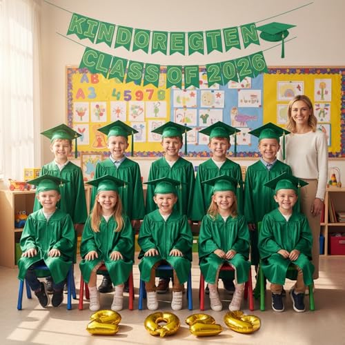 Image of Shiny Preschool Kindergarten Graduation Cap Gown Set for Kids With 2026 2025 Tassel Charm