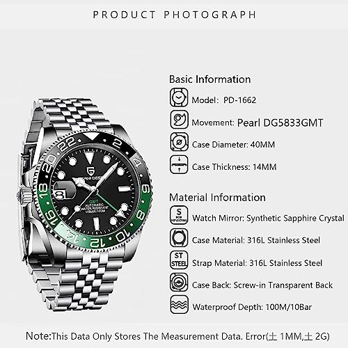 Image of Men Watch Pagani Design GMT Watches for Men Automatic 40MM Date 100M Waterproof Stainless Steel Sapphire Glass Mechanical Wristwatches PD-1662