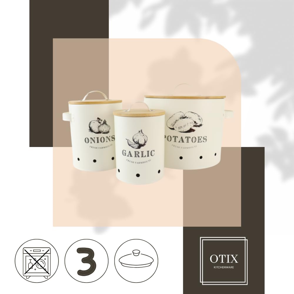 OTIX Vorratsgläser - mit Deckel - Beige - 3er Set - Knoblauchtopf - Zwiebeltopf - Kartoffeltopf - Metall