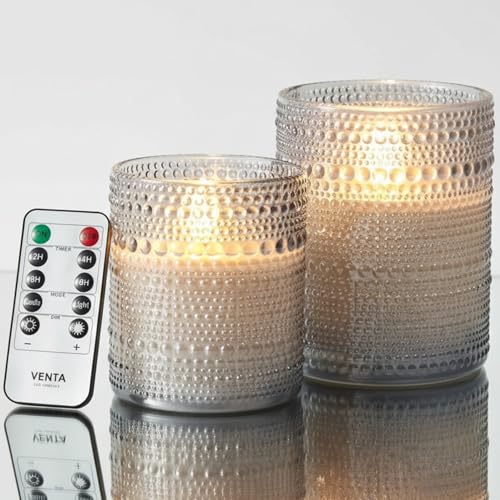 VENTA Stunning Grey Dotted Glass Flameless Candles 2-Pack with Realistic