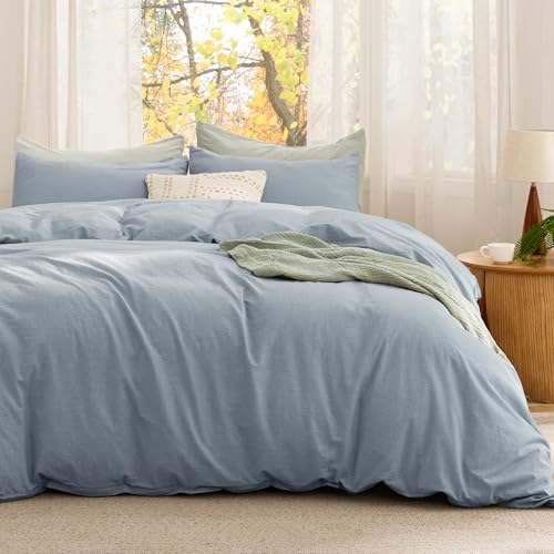 Image of Bedsure Comforter Set Queen Size - Cotton Fabric with Microfiber Inner Fill, Mineral Blue PureWoven Soft Bed Set for All Seasons, 3 Pieces, 1 Comforter (90 inch x 90 inch) and 2 Pillow Cases (20 inch x 26 inch)