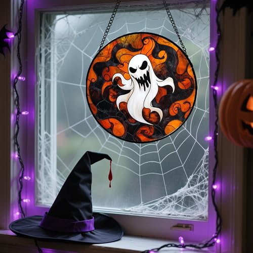 Image of Stained Glass Window Hanging - Halloween White Ghost Suncatcher for Doors Window Garden Indoor Spooky Funny Orange Sun Catchers Gothic Decor Horror Gifts for Women Men Friend 15 in