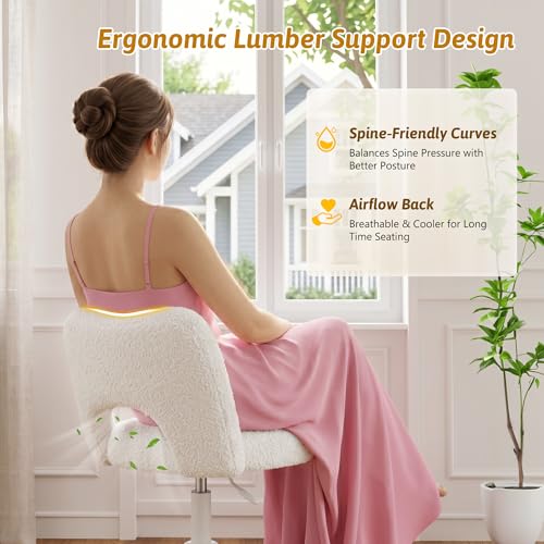 Image of DurayLoly Vanity Chair with Open Back & Wheels,Armless | Fluffy Teddy Fabric ,Armless, Height Adjustable, for Makeup Room, Bedroom,Cream