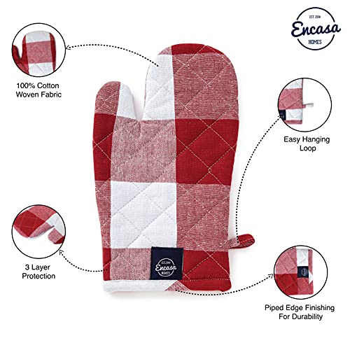 Encasa Homes Long 12" Oven Microwave Hand Gloves Mitts (2 Pc Set) For Kitchen Cooking & Baking - Heat Resistant, Thick & Safe, Protection Of Hands From Hot Utensils - Buffalo Red Checks #TOP4