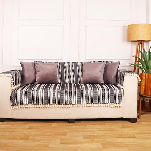 Image of STITCHNEST Woven 2 Seater Sofa Protector with 2 Hand Rest Covers - Black & White Stripe Design - Washable Fabric with Tassels - Stylish Sofa Cover for Modern Living Room & Furniture Decor