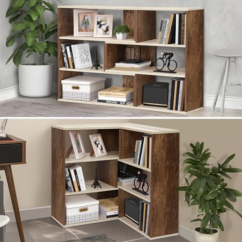 Image of ABOUT SPACE Book Shelf for Home Library-Rectangle /L-Shaped Rack for Storage 2 Ways 6 Compartment Book Stand Shelf for Bedroom, Livingroom Decor, Plants and Books (Oak White&Walnut-L128 x B30 x H85 cm)
