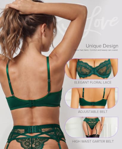 Image of RSLOVE Lingerie Set for Women Sexy - Corset And Panty Outfits 3 Piece Lace Push Up Underwire with Garter Lingerie