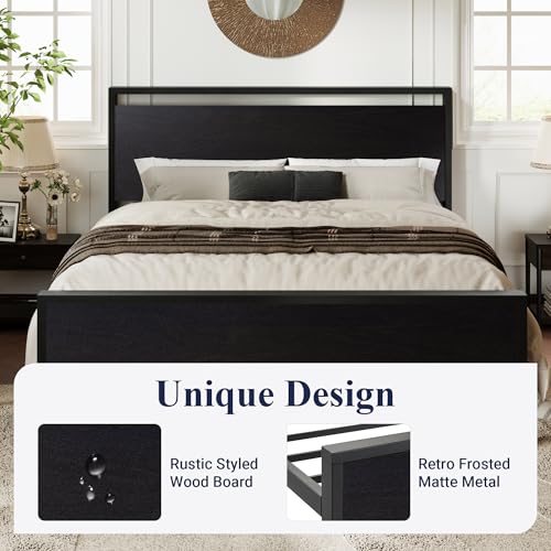 Image of Allewie King Size Bed Frame, Heavy Duty 12 Metal Slats Support, Black Oak