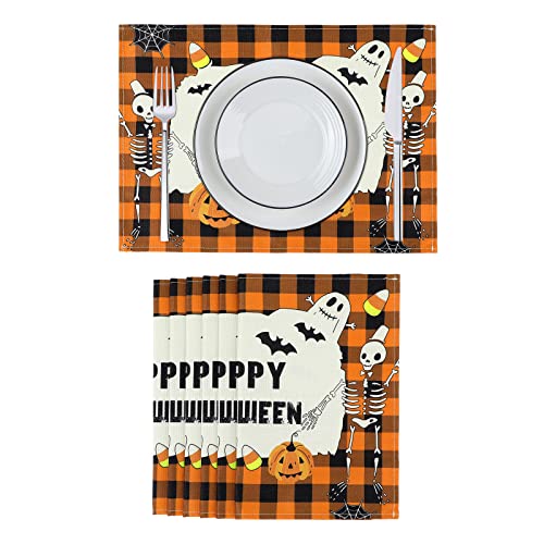 Image of Placemats Set of 6 Halloween Pumpkin Kitchen Table Mats Set of 4 Halloween Ghost Marble Kitchen Accessories Non Slip Placemats Cute Pumpkin and Skeleton Set of 6
