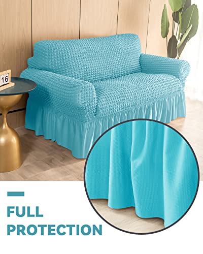 Bluesurge Loveseat Slipcover 1 Piece For 2 Cushion Couch Sofa Cover With Skirt, Durable Washable High Elastic Stretchable, Easy Fit Universal Furniture Protector (2 Seater, Sky Blue) #TOP4