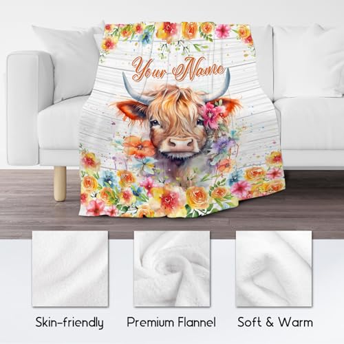 Custom Highland Cow Blanket, Cozy Soft Throw Gifts for Girls, Cute Colorful Flannel Throw Blankets for Couch Office, 40x50 Inches