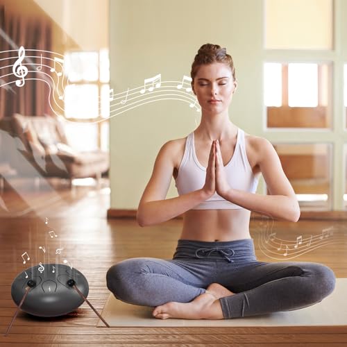 Image of Rain Drum for Outside Garden, 6 Inches 8 Notes Steel Tongue Chakra Drums, Waterproof Echo Rain Chime Meditation Drums, Musical Instruments for Adult Gift with Bag, Music Book, Drum Mallets (Black)