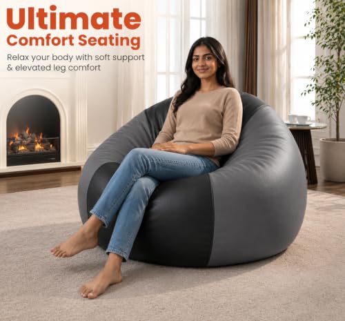 Image of Sattva Classic 3XL Bean Bag Chair with Beans Filled | Sofa Style Faux Leather Beanbags with Beans | Comfortable Bin Bags Sofa for Adults & Teens, Living Room & Office | Black & Grey