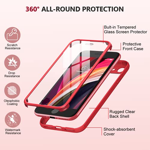 Image of Miracase for iPhone SE Phone Case 3rd /2nd Generation 2022 2020 Full-Body with Built-in Glass Screen Protector, Heavy Duty 360 Protective Shockproof Bumper Cover for iPhone 8 /SE 4.7 Inch, Red