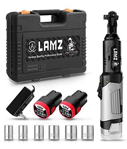 Electric Cordless Ratchet Wrench 3 8 - LAMZ Battery Ratchet Wrench Set 45Ft-Lbs 300RPM w 2-Pack 2.0Ah 16.8V Li-Ion Batteries, 60-Min Fast Charger & 6 Sockets, Tight Spaces Car Motor Auto Repairing