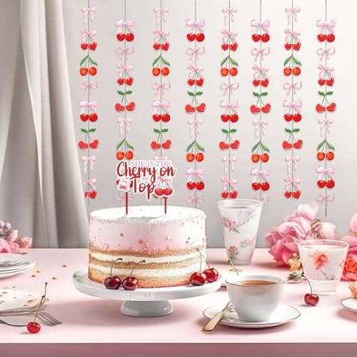 Image of Cherry Party Decorations Cherry and Bow Hanging Banner Cherry On Top Baby Shower Decorations for Birthday Bridal Shower Bachelorette Wedding Party Supplies