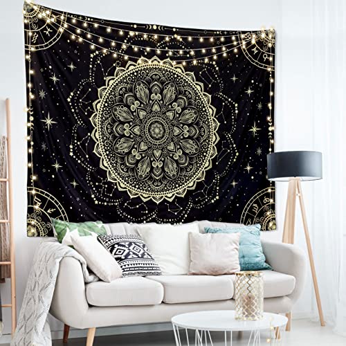 Fly Spray Black Golden Mandala Tapestry Astrology Wall Hanging Wall Tapestry Aesthetic Hippie Wall Decor Bohemian Wall Art Boho Home Decoration For Bedroom,Living Room,Dorm #TOP3