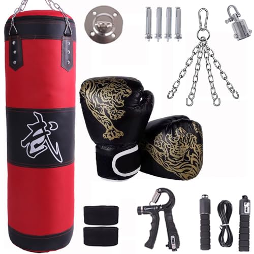 Saco De Boxeo,Saco Boxeo Adulto,Kit Boxeo,15 en 1 100 cm Kit de Sacos de Boxeo con Guantes, Vendas, Cadena más Gruesa, Giratorio 360° para Muay Thai y Lucha (sin Acolchado) (Rojo, 100cm)