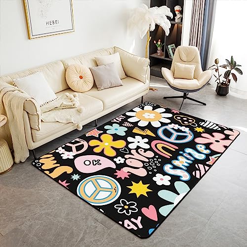 Groovy Flower Area Rug 5x7 for Kids Boys Bedside Dining Room, Cartoon Rainbow Stars Daisy Peace Sign Non Slip Rug, Cute Room Decor for Teen Girls, Hippie Aesthetic Funny Carpet Non Shedding Y2K Decor