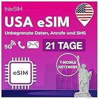 travSIM USA eSIM | T-Mobile Netz | Unbegrenzte Daten, Anrufe & Texte in den USA | e SIM Amerika funktioniert auf eSIM kompatiblen iOS & Android Geräten | e SIM Karte USA 21 Tage