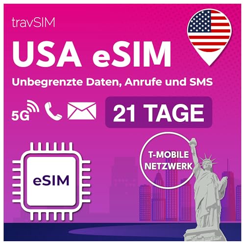 travSIM USA eSIM | T-Mobile Netz | Unbegrenzte Daten Anrufe & Texte in den USA | e SIM Amerika funktioniert auf eSIM kompatiblen iOS & Android Geräten | e SIM Karte USA 21 Tage