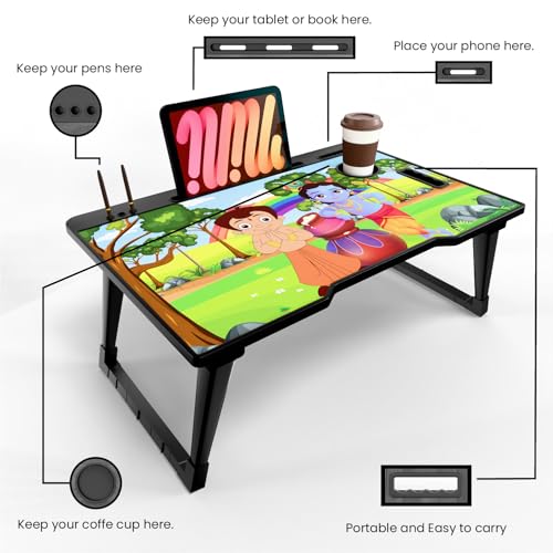 Image of Foldable Wooden Mini Laptop Table for Bed, Study Table with Drawer, Tablet /Mobile Holder for Kids & Adults (COTTED BK)