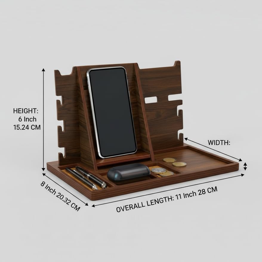 Image of Luxury Wooden Valet Docking Station for Men Mobile, Wallet Organizer with Key Holder and Accessory Tray Executive Desk & Bedside Table Stand Size | Size: 11 x 8 x 6 Inch