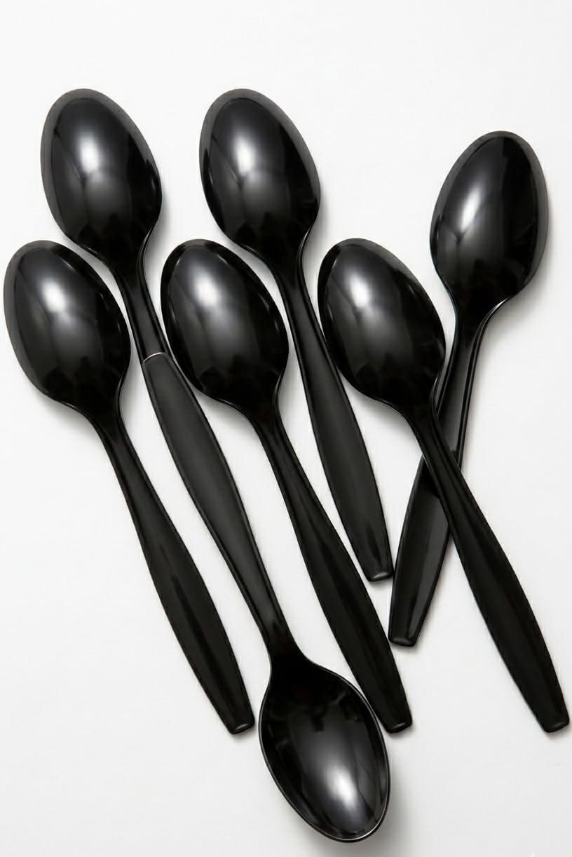 ORCHIDS Pack of 50 Heavy Duty Black Spoons, Reusable and Washable Spoons Perfect for Picnics,Parties,Catering Events & Travelling Tableware and Microwave-Safe Tablespoon