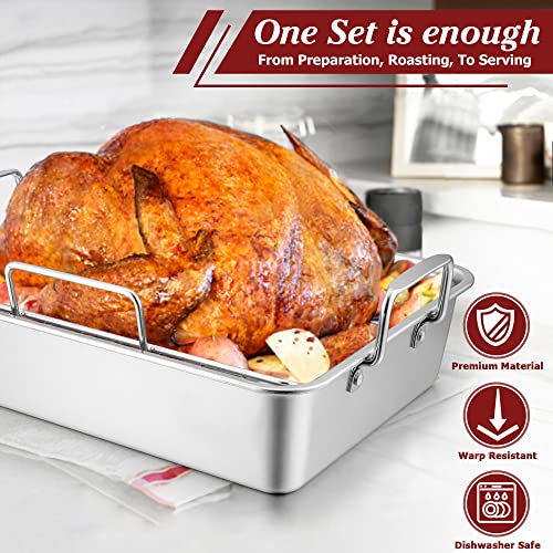 Large Turkey Roasting Pan With Rack, Joyfair 15.3 Inch Stainless Steel Chicken Roaster Pan And V-Rack For Oven, Rectangular Bakeware With Sturdy Handles, Heavy Duty & Dishwasher Safe, 2 Pieces #TOP2