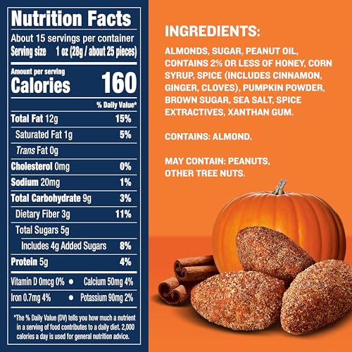 Image of PLANTERS Fall Edition Pumpkin Spice Almonds, Pumpkin Spice Snacks, Cooking & Baking Nuts & Seeds, Flavored Almonds, Seasonal Nuts, Fall Party Snacks, Plant-Based Protein, 15.25 oz Canister (Pack of 2)