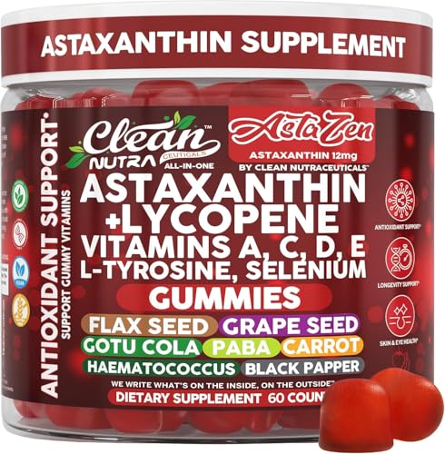 Clean Nutra AstaZen Astaxanthin Complex Gummies 12mg w/Lycopene, Pure Vitamin A C D E, L-Tyrosine,