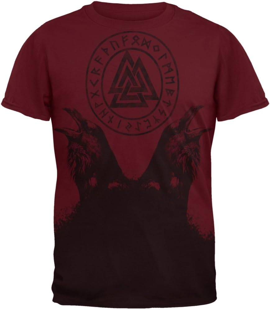 Huginn and Muninn Odin's Ravens All Over Maroon Adult T-Shirt