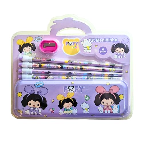 Kit Escolar Infantil Menina Fofy 6 Peças Com Estojo De Metal 4 Lápis Com Borracha E Apontador Temático Kawaii Lilás Ideal Para Volta às Aulas E Presente