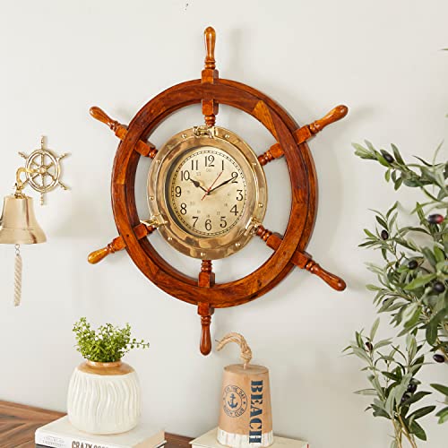Deco 79 Wood Sail Boat Ship wheel Wall Clock with Clock, 30" x 4" x 30