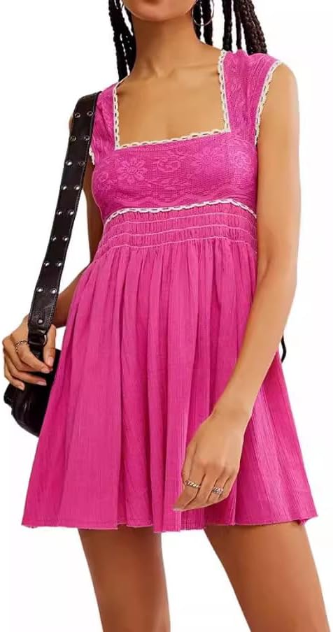 Womens Floral Lace Halter Mini Dress Elastic Corset Square Neck Sleeveless Flowy Ruched Dresses