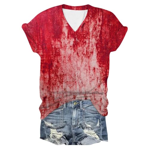 Problem Gelöst Shirt Damen Halloween Damen Tshirt V-Ausschnitt Kurzarm Tops Blutiges Gruselt Handdrücke Shirts Brief Problem Solved Oberteil Blutiges Shirt BlutVerletzung Halloween-Kokostüm, Rojo