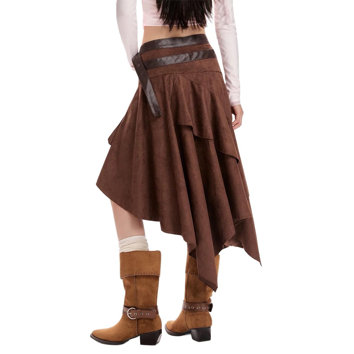 Vintage Suede Skirt for Women Gothic Punk Style Irregular Ruffled High Waist A-line Skirt with Belt Brown - Image 4