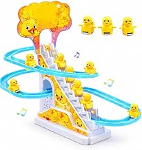 TOYTASTIC Ducki Toy Set, Funny Automatic Stair-Climbing Ducklings Cartoon Race Set Ducki Roller Coaster Escalator Toy with Flashing Lights & Music (Ducki Set)