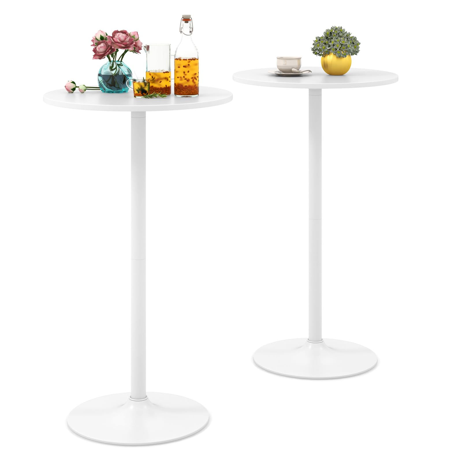 LIFEZEAL Tavolo da Bar Alto, Rotondo, Tavolino da Cocktail, da Divano, Altezza Regolabile, Telaio in Acciaio, Moderno, Pub, Bistrot, Cucina, Soggiorno, Balcone, 60x56-101,5cm, Max 55kg (2, bianco)