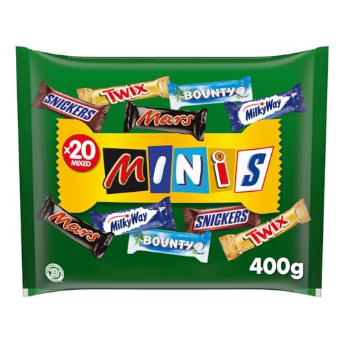 Mixed Minis Schokolade Großpackung als Halloween Schokolade, 20 Mini-Schokoriegel Snacks(Mars, Snickers, Bounty, Twix, Milky Way), als Halloween Süßigkeiten, Schokoladen Geschenk, Süßigkeiten Box,400g