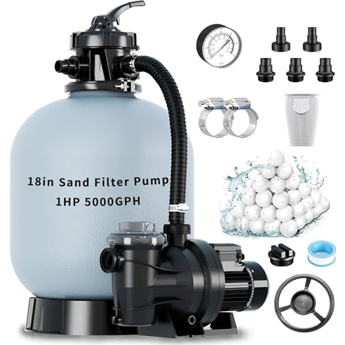 2026 Upgraded Sand Filter Pump for Above Ground Pool with Timer, 6-Way Valve Pool Pumps Above Ground, Pool Sand Filter with Enhanced Circulation System, 18in Sand Filter, 1HP 5000GPH