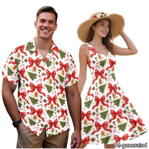 Image of Dreaweet Summer Dresses for Women A-Line Sleeveless Flowy Sun Dresses,Men's Casual Button-Down Shirts,Couple Matching Outfits