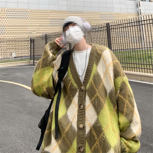 Men Plaid V-Neck Japanese Style Loose Casual Cardigans Jumpers Vintage Korean Sweater Y2k Tops3